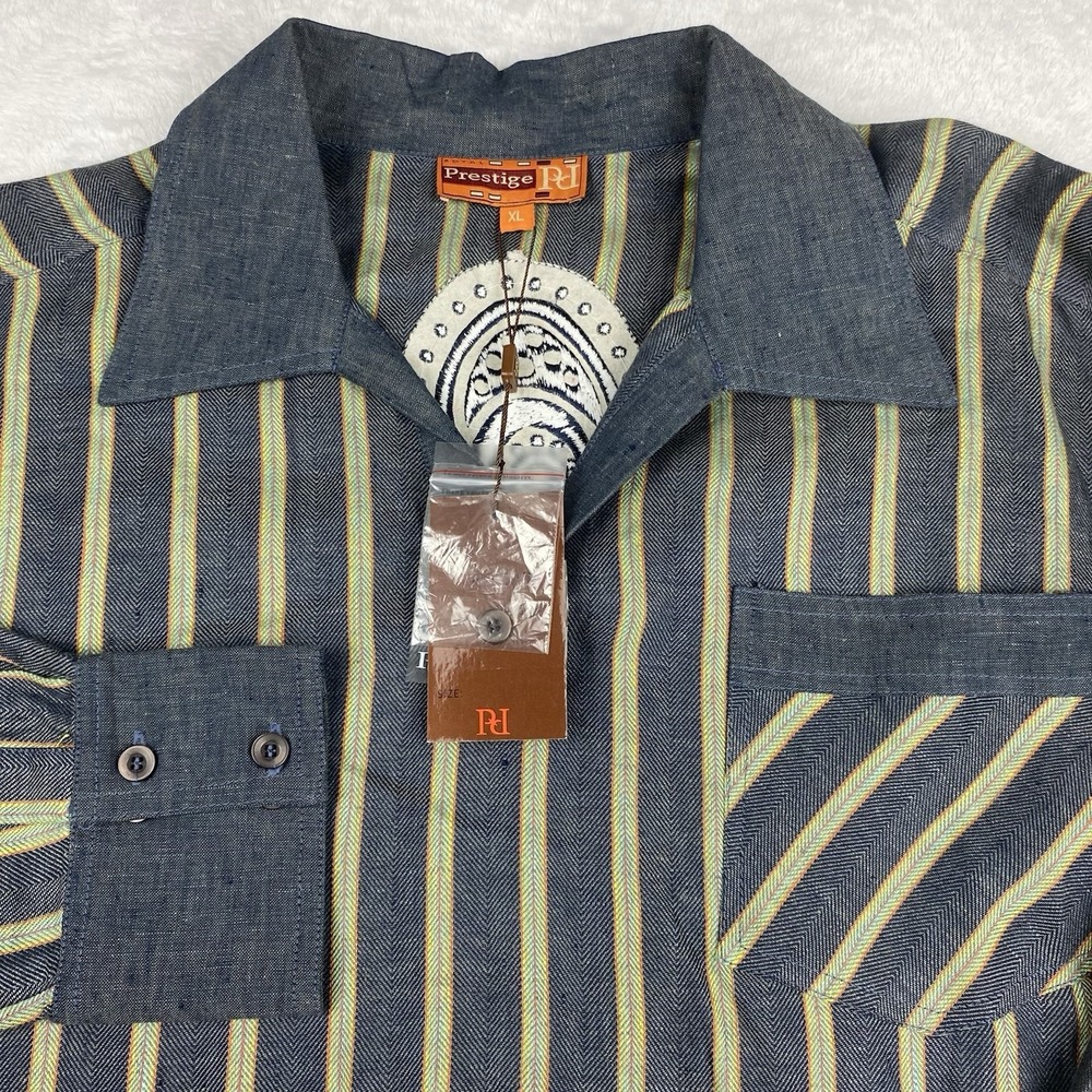 PRESTIGE Royal Size XL Mens Shirt Navy Stripes 100% Linen Sequin Embroidery NWT!